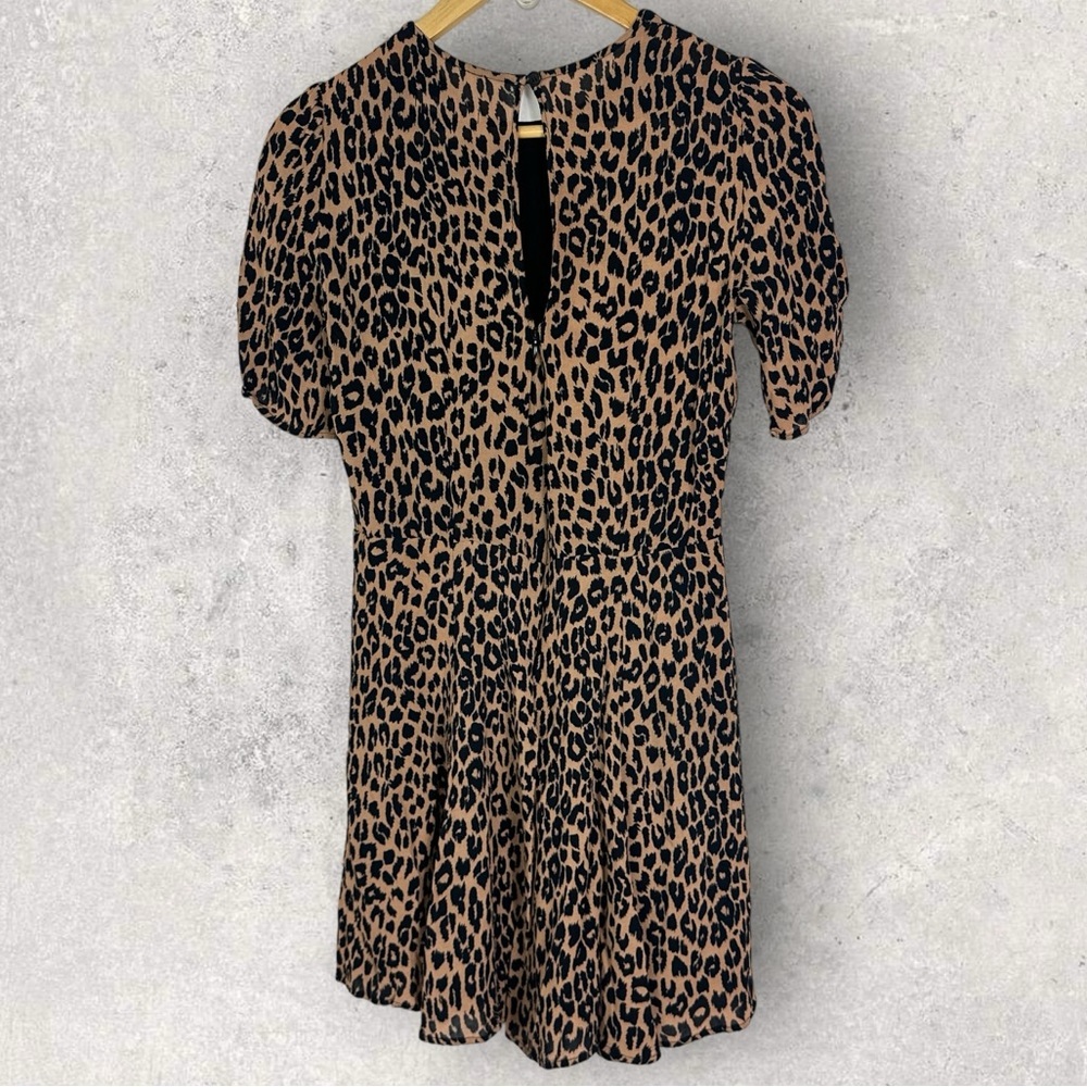 Reformation Leopard Print Gracie Dress Size 12 Ruched Short Sleeves Boho Mini - Picture 15 of 16